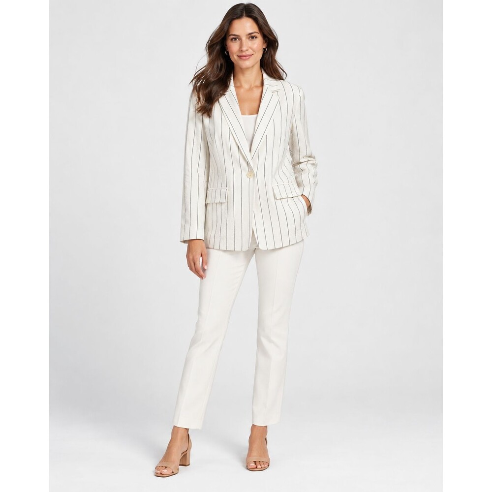 Chico’s Metro Stripe Linen Blazer Jacket Ecru Pinstripe Size 1 (8) NWT
